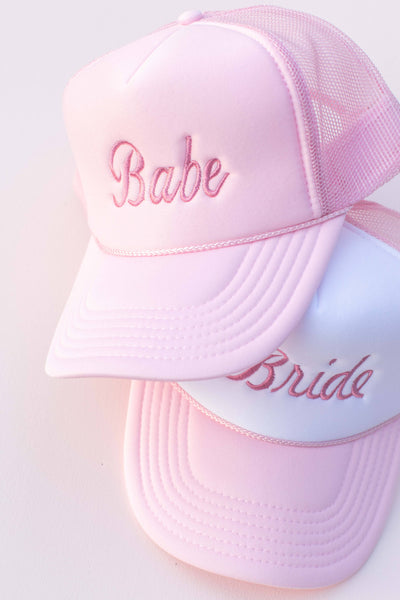 EMBROIDERED BABE BRIDAL TRUCKER HAT IN PINK-hat-MODE-Couture-Boutique-Womens-Clothing