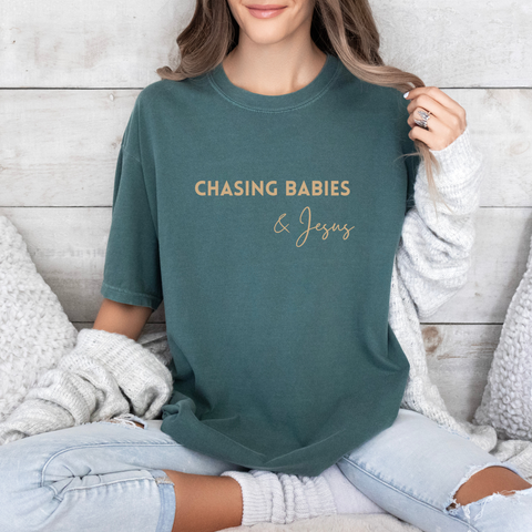 CHASING BABIES & JESUS GRAPHIC TEE IN BLUE SPRUVE-GRAPHIC TEE-MODE-Couture-Boutique-Womens-Clothing