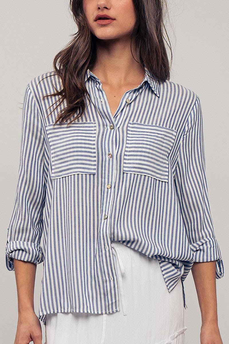 TIMELESS STRIPED BUTTON DOWN BLOUSE IN BLACK-Tops-MODE-Couture-Boutique-Womens-Clothing