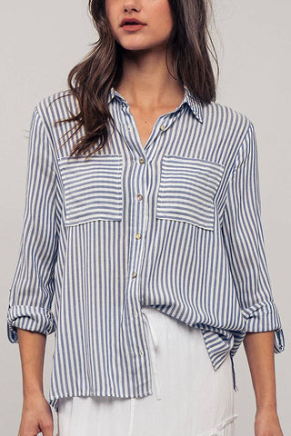 TIMELESS STRIPED BUTTON DOWN BLOUSE IN BLACK-Tops-MODE-Couture-Boutique-Womens-Clothing