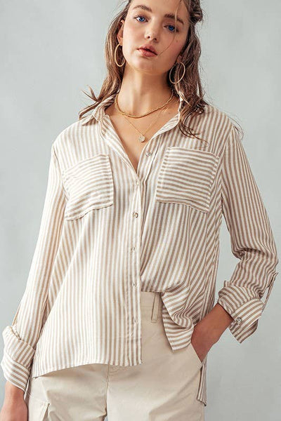 TIMELESS STRIPED BUTTON DOWN BLOUSE IN BLACK-Tops-MODE-Couture-Boutique-Womens-Clothing