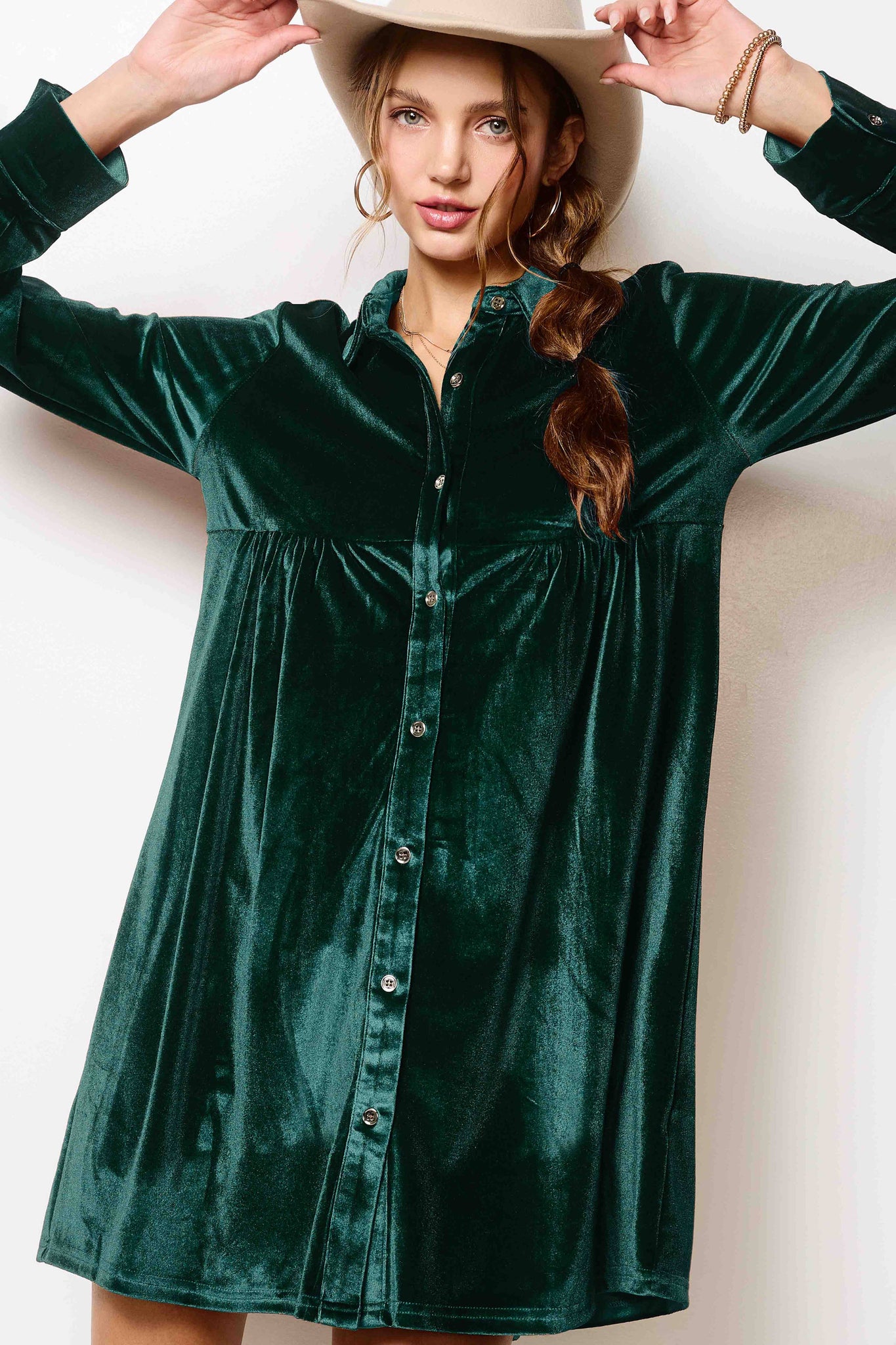 ANOTHER KINDA LOVE SOFT VELVET BUTTON DOWN COLLAR HOLIDAY DRESS IN EMERALD-Dresses-MODE-Couture-Boutique-Womens-Clothing