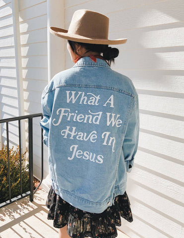 WHAT A FRIEND WE HAVE IN JESUS DENIM JACKET IN LIGHT WASH-Jacket-MODE-Couture-Boutique-Womens-Clothing