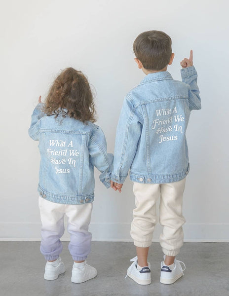 WHAT A FRIEND WE HAVE IN JESUS KIDS DENIM JACKET IN LIGHT WASH-Jacket-MODE-Couture-Boutique-Womens-Clothing