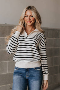 RISK TAKER 1/4 ZIP STRIPED SWEATER IN CREAM & BLACK-MODE-Couture-Boutique-Womens-Clothing