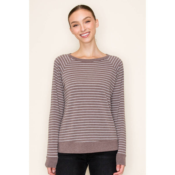 EMILY LONG RAGLAN SLEEVE STRIPED TERRY TOP IN BROWN-Tops-MODE-Couture-Boutique-Womens-Clothing