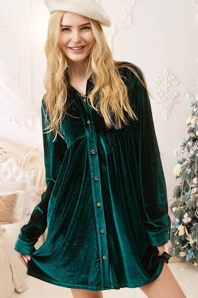 ANOTHER KINDA LOVE SOFT VELVET BUTTON DOWN COLLAR HOLIDAY DRESS IN EMERALD-Dresses-MODE-Couture-Boutique-Womens-Clothing