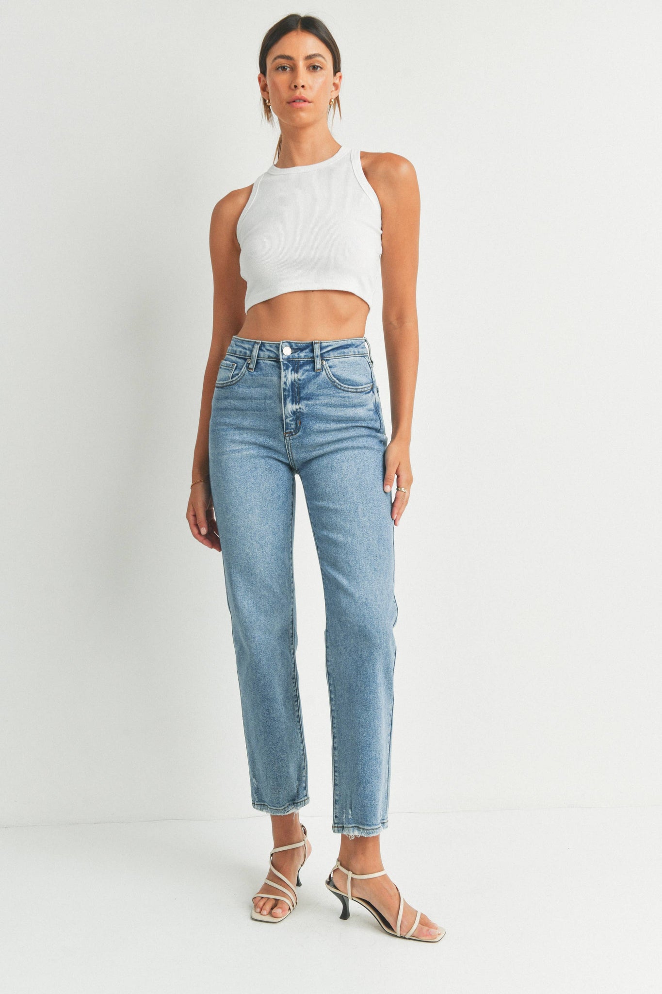 SYDNEY HIGH RISE CLEAN STRAIGHT LEG JEAN IN MEDIUM WASH-STRAIGHT LEG JEANS-MODE-Couture-Boutique-Womens-Clothing