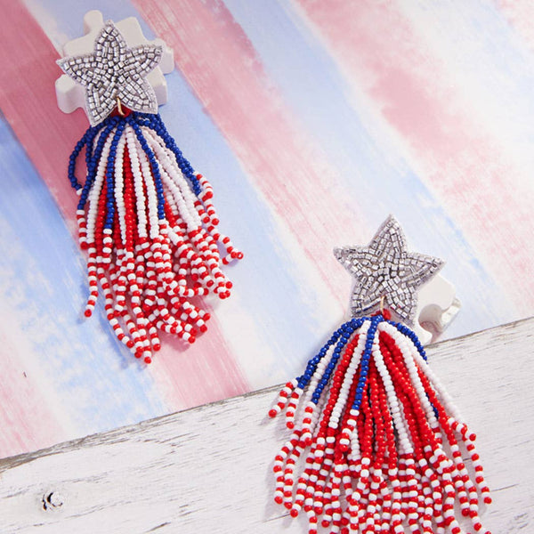 US Theme Seed Beaded Tassel with Star Earrings: ONE SIZE / MUL-MODE-Couture-Boutique-Womens-Clothing