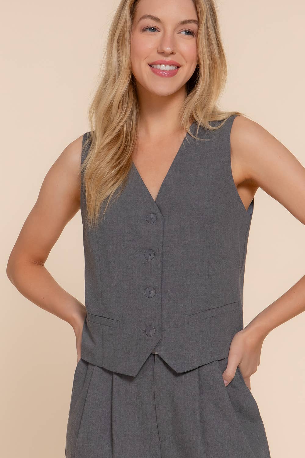 V-NECKLINE FRONT BUTTON CLOSURE VEST IN CHARCOAL-Vest-MODE-Couture-Boutique-Womens-Clothing