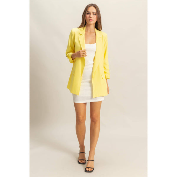 WEEKEND PREP ROLL-UP 3/4 SLEEVE OPEN BLAZER IN LEMON-BLAZERS-MODE-Couture-Boutique-Womens-Clothing