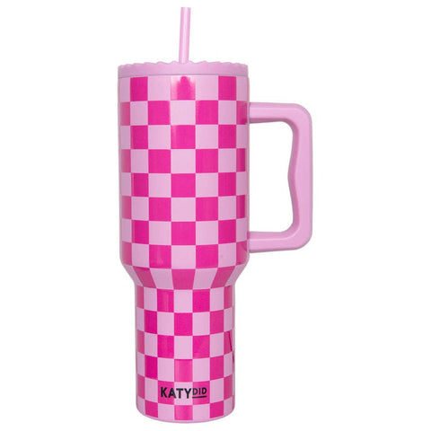 38 OZ PINK CHECKER STAINLESS STEEL TUMBLER IN PINK-TUMBLER-MODE-Couture-Boutique-Womens-Clothing