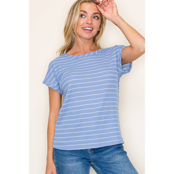 BETTING ON YOU BOAT NECK THERMAL STRIPE SHIRT IN BLUE-Shirts & Tops-MODE-Couture-Boutique-Womens-Clothing