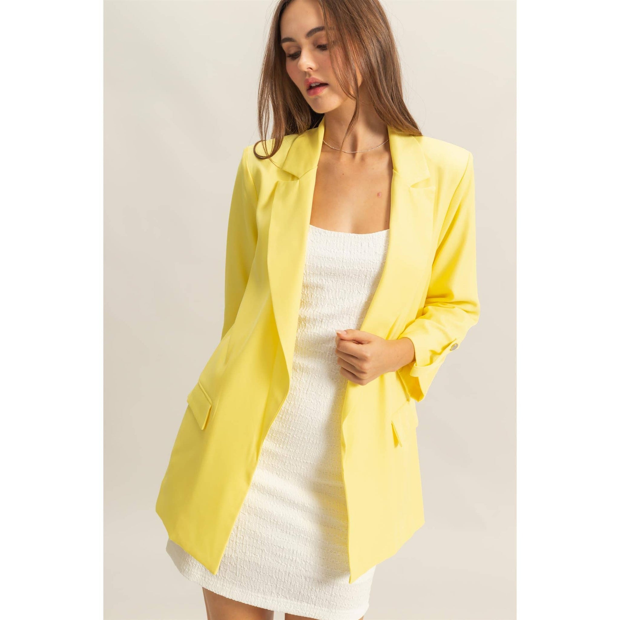 WEEKEND PREP ROLL-UP 3/4 SLEEVE OPEN BLAZER IN LEMON-BLAZERS-MODE-Couture-Boutique-Womens-Clothing