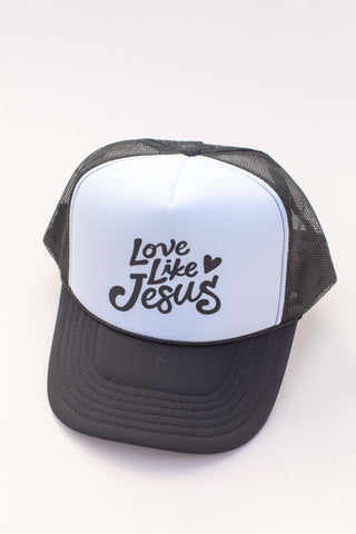 LOVE LIKE JESUS FAITH TRUCKER HAT IN BLACK & WHITE-HATS-MODE-Couture-Boutique-Womens-Clothing