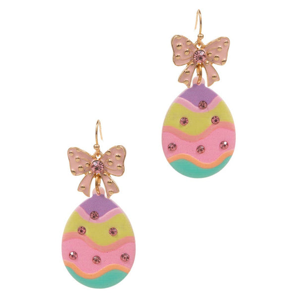 Easter Egg Rhinestone Bow Acetate Hook Earrings: ONE SIZE / PK-EARRINGS-MODE-Couture-Boutique-Womens-Clothing