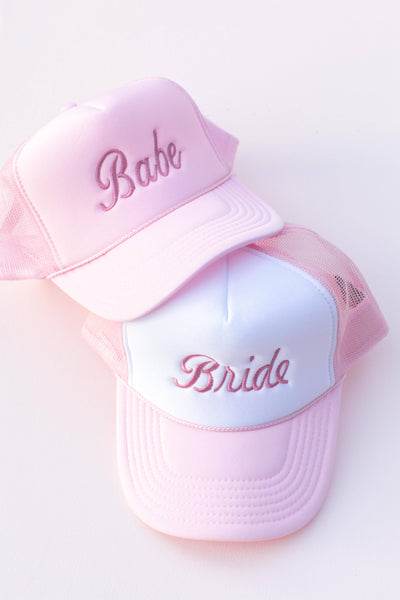 EMBROIDERED BABE BRIDAL TRUCKER HAT IN PINK-hat-MODE-Couture-Boutique-Womens-Clothing