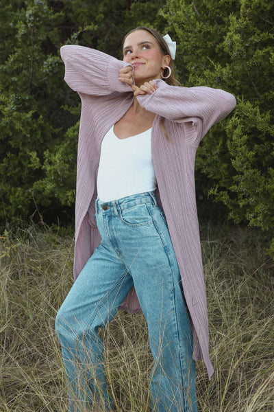 MORNING DEW LONG PLEATED CARDIGAN IN LIGHT MAUVE-CARDIGAN-MODE-Couture-Boutique-Womens-Clothing