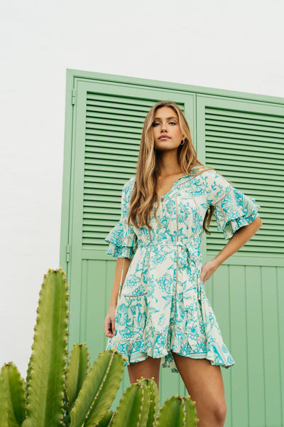 OPAL PRINT THESSY MINI DRESS IN MINT-Dresses-MODE-Couture-Boutique-Womens-Clothing