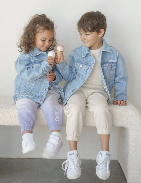 WHAT A FRIEND WE HAVE IN JESUS KIDS DENIM JACKET IN LIGHT WASH-Jacket-MODE-Couture-Boutique-Womens-Clothing