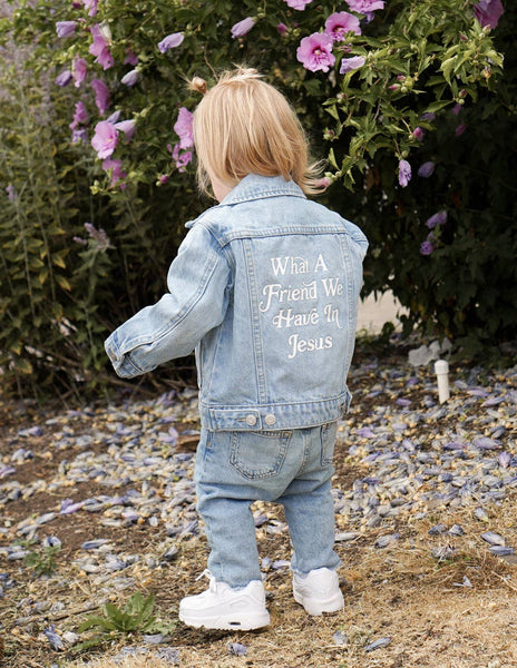 WHAT A FRIEND WE HAVE IN JESUS KIDS DENIM JACKET IN LIGHT WASH-Jacket-MODE-Couture-Boutique-Womens-Clothing