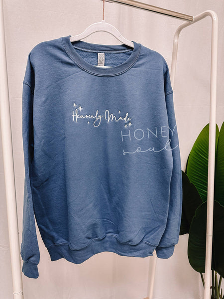 HEAVENLY MADE CREWNECK EMBROIDERED SWEATSHIRT IN INDIGO-Sweatshirt-MODE-Couture-Boutique-Womens-Clothing