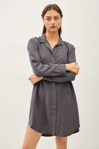 TENCEL ROLL SLEEVE HIGH LOW SHIRT DRESS IN GREIGE-SHIRT DRESS-MODE-Couture-Boutique-Womens-Clothing