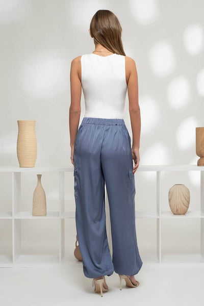 STAY SOPHISTICATED HIGH WAIST SATIN CARGO JOGGER PANTS IN DENIM BLUE-Joggers-MODE-Couture-Boutique-Womens-Clothing