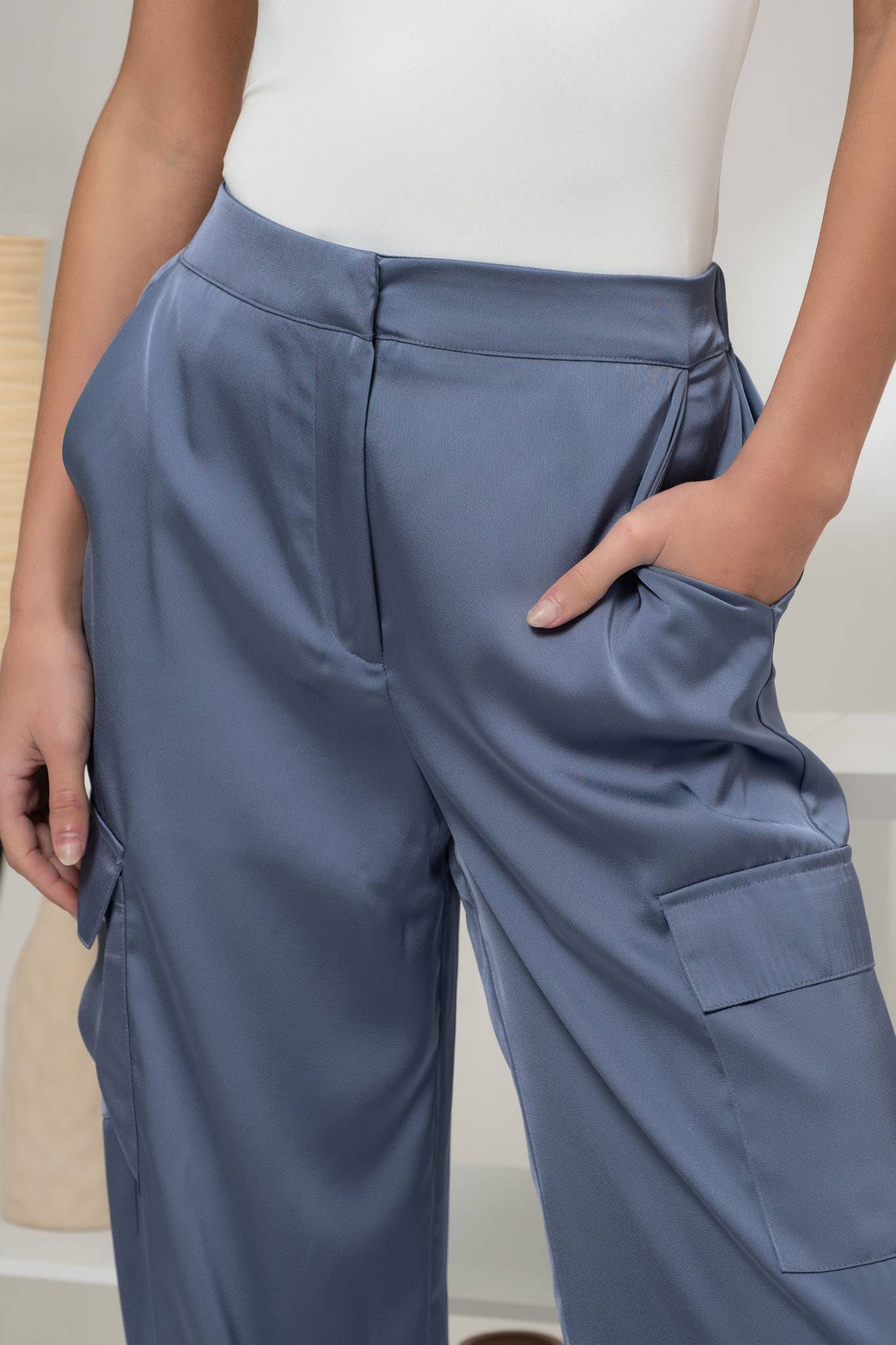 STAY SOPHISTICATED HIGH WAIST SATIN CARGO JOGGER PANTS IN DENIM BLUE-Joggers-MODE-Couture-Boutique-Womens-Clothing