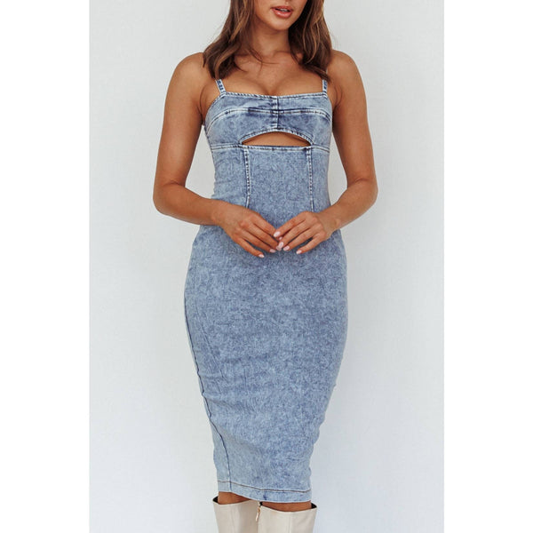 INDIGO EDGE CUTOUT FRONT DENIM MIDI DRESS IN DENIM BLUE-Dresses-MODE-Couture-Boutique-Womens-Clothing