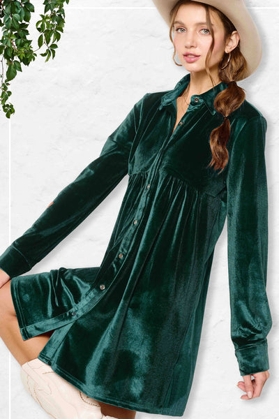 ANOTHER KINDA LOVE SOFT VELVET BUTTON DOWN COLLAR HOLIDAY DRESS IN EMERALD-Dresses-MODE-Couture-Boutique-Womens-Clothing