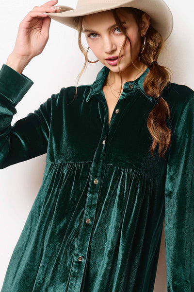 ANOTHER KINDA LOVE SOFT VELVET BUTTON DOWN COLLAR HOLIDAY DRESS IN EMERALD-Dresses-MODE-Couture-Boutique-Womens-Clothing