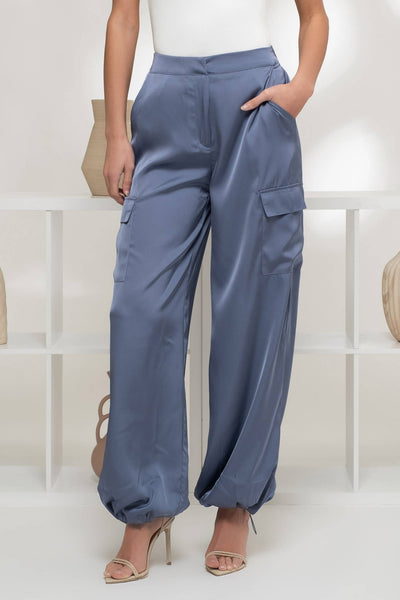 STAY SOPHISTICATED HIGH WAIST SATIN CARGO JOGGER PANTS IN DENIM BLUE-Joggers-MODE-Couture-Boutique-Womens-Clothing