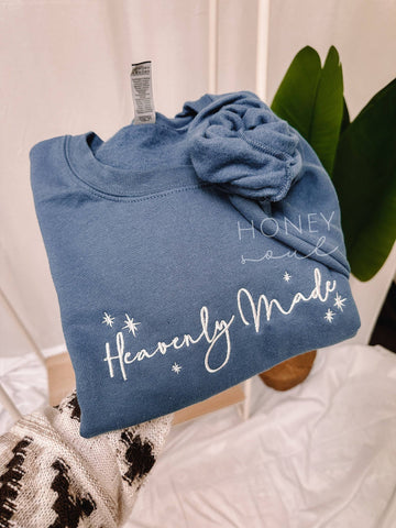 HEAVENLY MADE CREWNECK EMBROIDERED SWEATSHIRT IN INDIGO-Sweatshirt-MODE-Couture-Boutique-Womens-Clothing