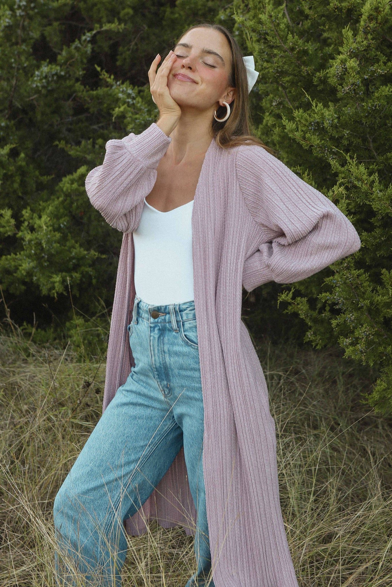 MORNING DEW LONG PLEATED CARDIGAN IN LIGHT MAUVE-CARDIGAN-MODE-Couture-Boutique-Womens-Clothing