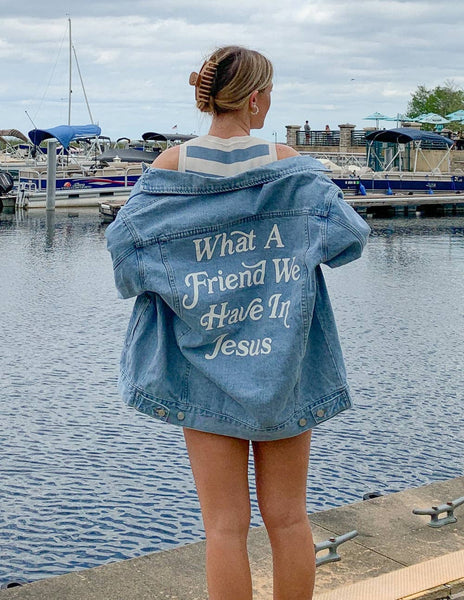 WHAT A FRIEND WE HAVE IN JESUS DENIM JACKET IN LIGHT WASH-Jacket-MODE-Couture-Boutique-Womens-Clothing