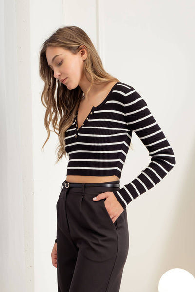 SWEET CRUSH STRIPE HENLEY LONG SLEEVE SWEATER KNIT CROP TOP IN BLACK-Henley Long Sleeve-MODE-Couture-Boutique-Womens-Clothing