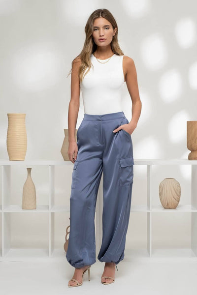 STAY SOPHISTICATED HIGH WAIST SATIN CARGO JOGGER PANTS IN DENIM BLUE-Joggers-MODE-Couture-Boutique-Womens-Clothing