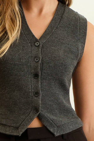 V NECK BUTTON DOWN SWEATER KNIT VEST IN CHARCOAL-Vest-MODE-Couture-Boutique-Womens-Clothing