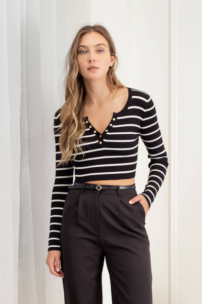 SWEET CRUSH STRIPE HENLEY LONG SLEEVE SWEATER KNIT CROP TOP IN BLACK-Henley Long Sleeve-MODE-Couture-Boutique-Womens-Clothing