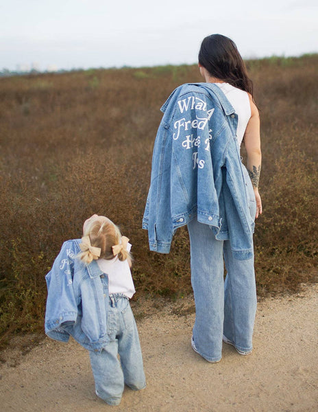 WHAT A FRIEND WE HAVE IN JESUS KIDS DENIM JACKET IN LIGHT WASH-Jacket-MODE-Couture-Boutique-Womens-Clothing