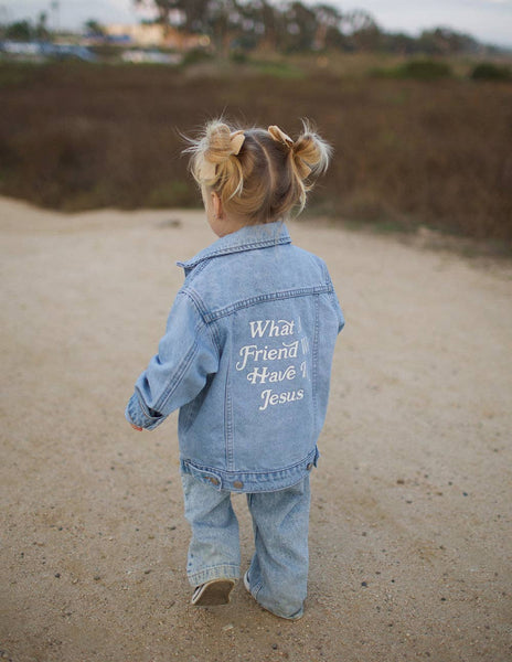 WHAT A FRIEND WE HAVE IN JESUS KIDS DENIM JACKET IN LIGHT WASH-Jacket-MODE-Couture-Boutique-Womens-Clothing