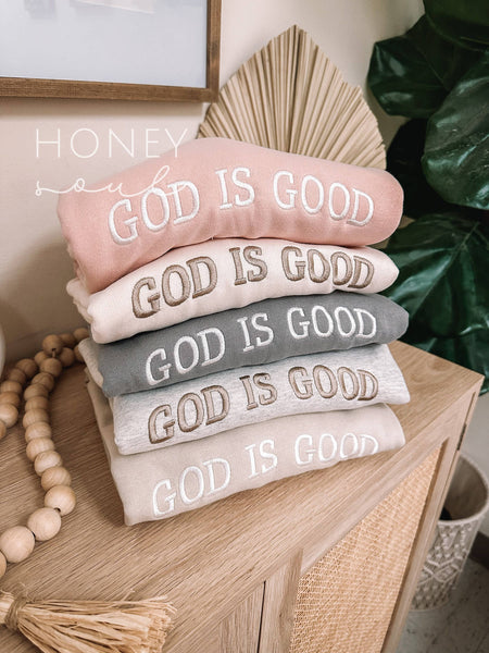 GOD IS GOOD EMBROIDERED CREWNECK SWEATSHIRT IN ROCK-MODE-Couture-Boutique-Womens-Clothing