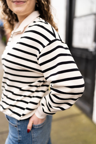 RISK TAKER 1/4 ZIP STRIPED SWEATER IN CREAM & BLACK-MODE-Couture-Boutique-Womens-Clothing