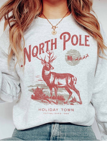 NORTH POLE HOLIDAY TOWN GRAPHIC SWEATSHIRT IN ASH-MODE-Couture-Boutique-Womens-Clothing