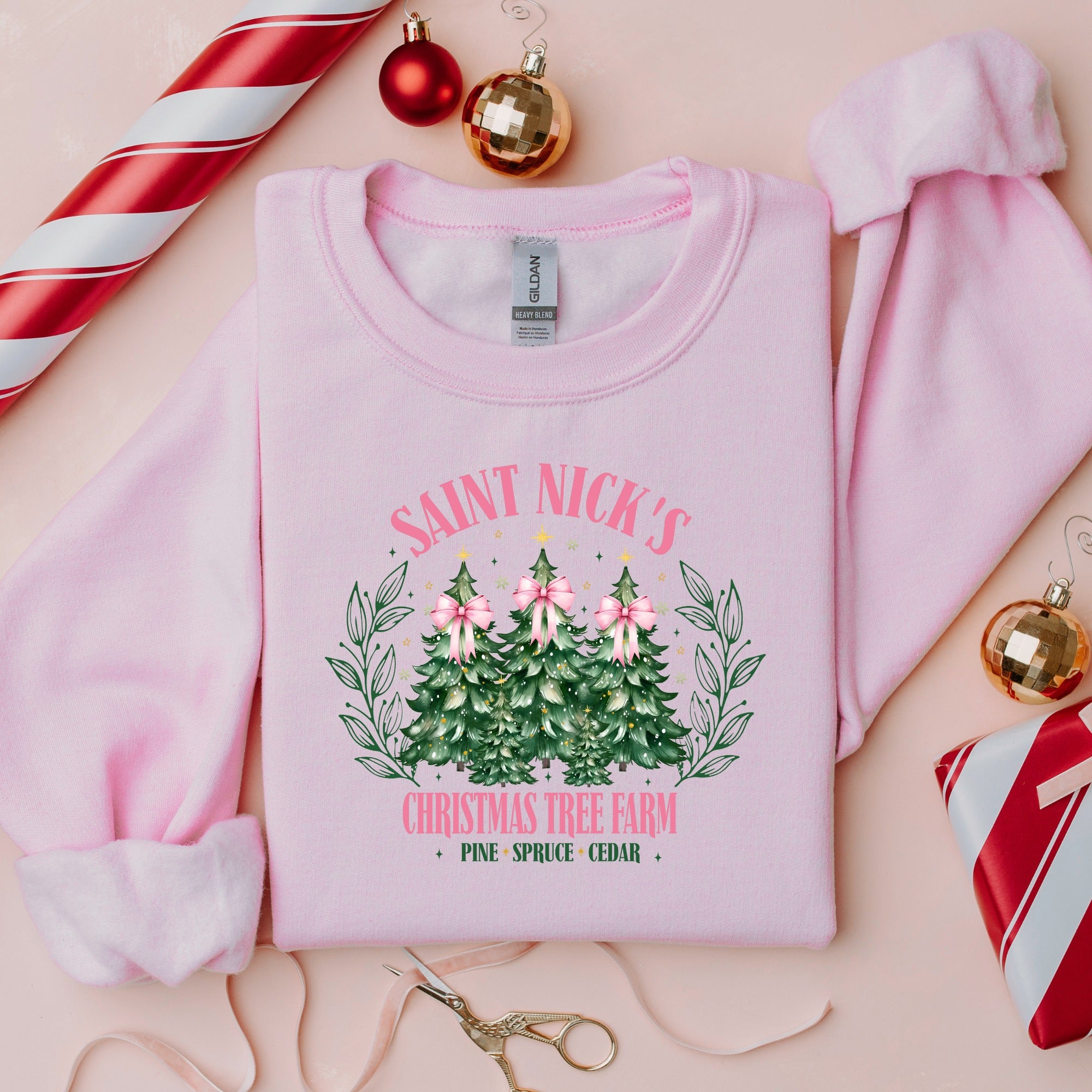 SAINT NICK'S CHRISTMAS TREE FARM SWEATSHIRT IN LIGHT PINK-Graphic Sweatshirt-MODE-Couture-Boutique-Womens-Clothing