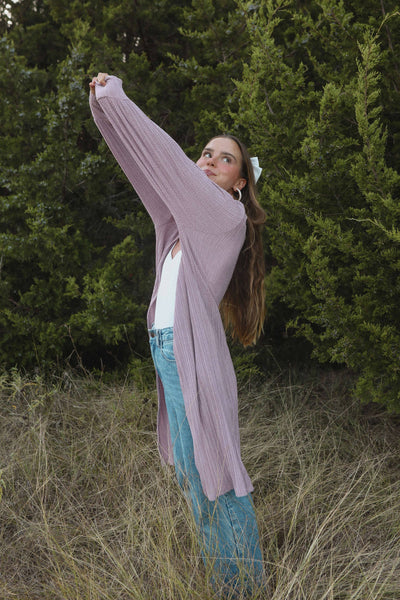 MORNING DEW LONG PLEATED CARDIGAN IN LIGHT MAUVE-CARDIGAN-MODE-Couture-Boutique-Womens-Clothing