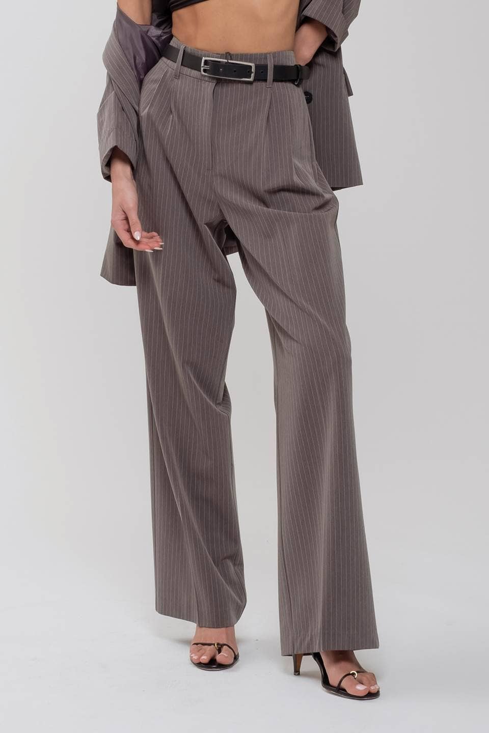 FIERCE & FUN PINSTRIPE WIDE LEG PLEATED PANTS IN GREY-wide leg pant-MODE-Couture-Boutique-Womens-Clothing