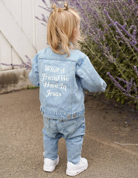 WHAT A FRIEND WE HAVE IN JESUS KIDS DENIM JACKET IN LIGHT WASH-Jacket-MODE-Couture-Boutique-Womens-Clothing