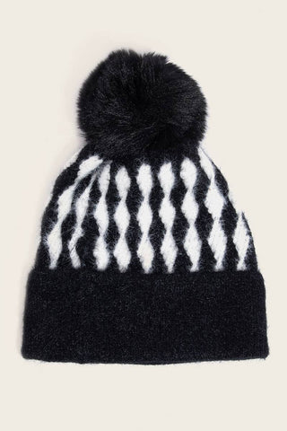 ABSTRACT DIAMOND STRIPE KNIT POM POM BEANIE (MULTI)-beanie hat-MODE-Couture-Boutique-Womens-Clothing